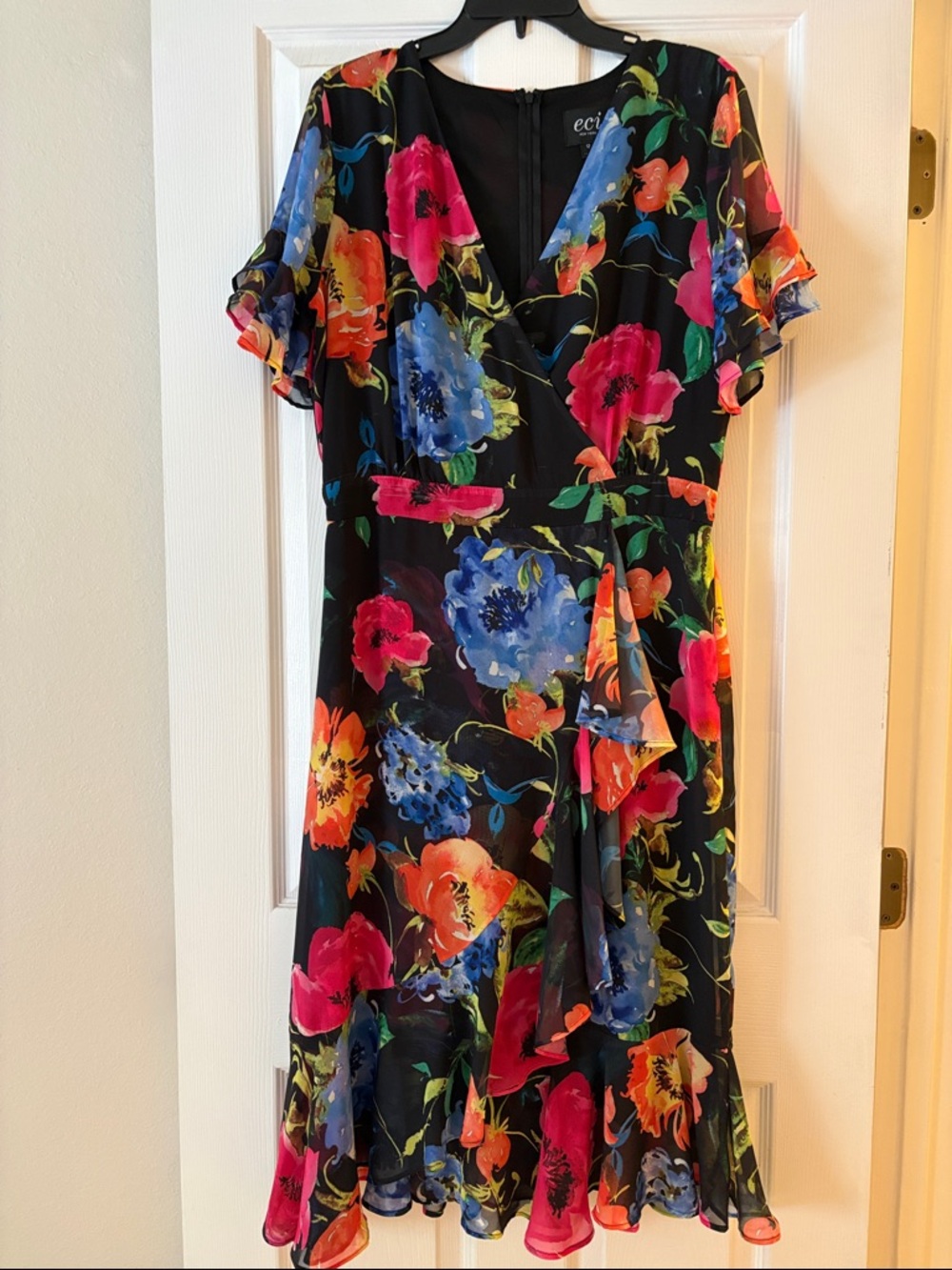 ECI Black Floral Wrap Midi Dress with Bright Multicolor Blooms